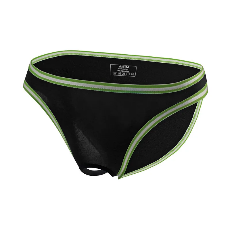 Men's Sexy Open-Crotch Briefs Thin Gays Erotic U-Convex Pouch Design Striped Trim Male Low-Rise Transparent Underwear Underpants