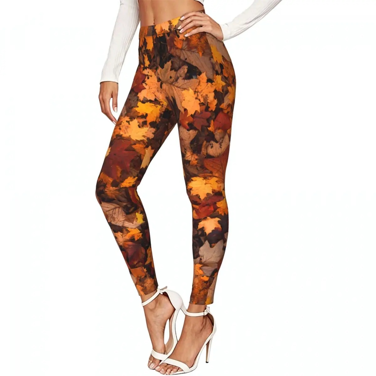 Casual Ladies Slim Leggings Autumn Leaves Pattern Elastic High Waist Sports Daily Wear Trousers