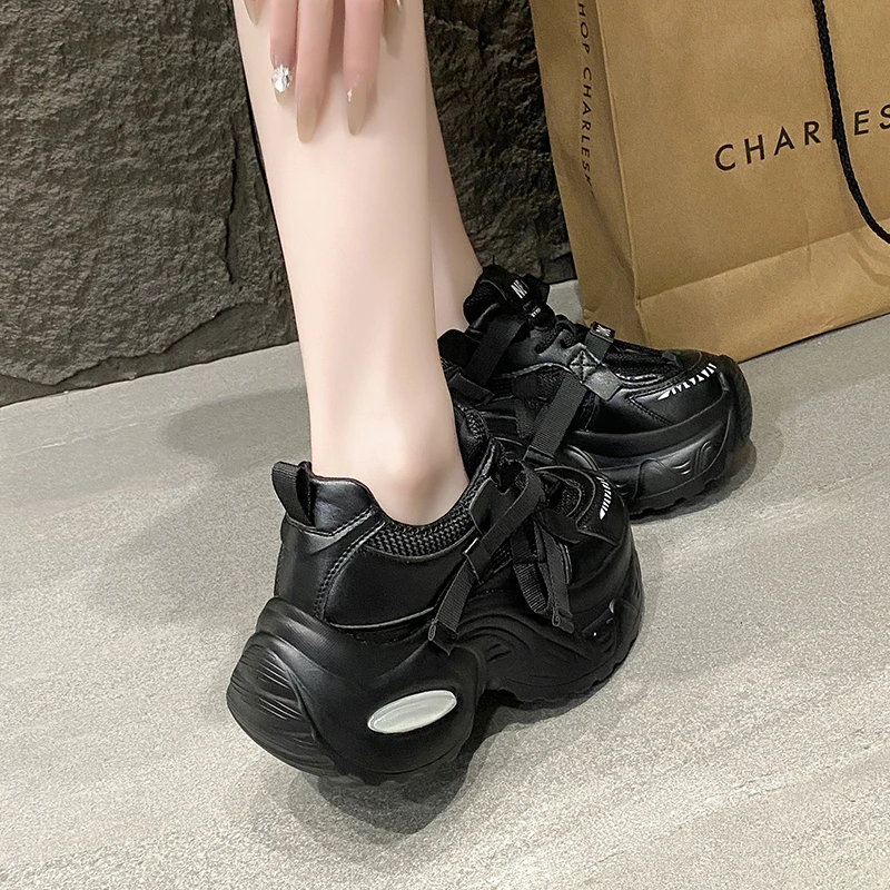 New Fashion Summer Women\'s Platform Sneakers Thick Bottom Breathable Mesh Casual Shoes 7.5CM High Heel Sports Dad Shoes Woman