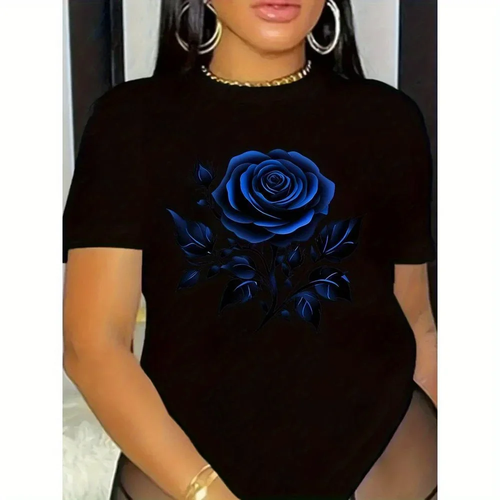 

Женская повседневная футболка с цветочным принтом синей розы — всесезонный комфорт, футболка с круглым вырезом, которую можно стирать в машине, средней эластичности, обычная