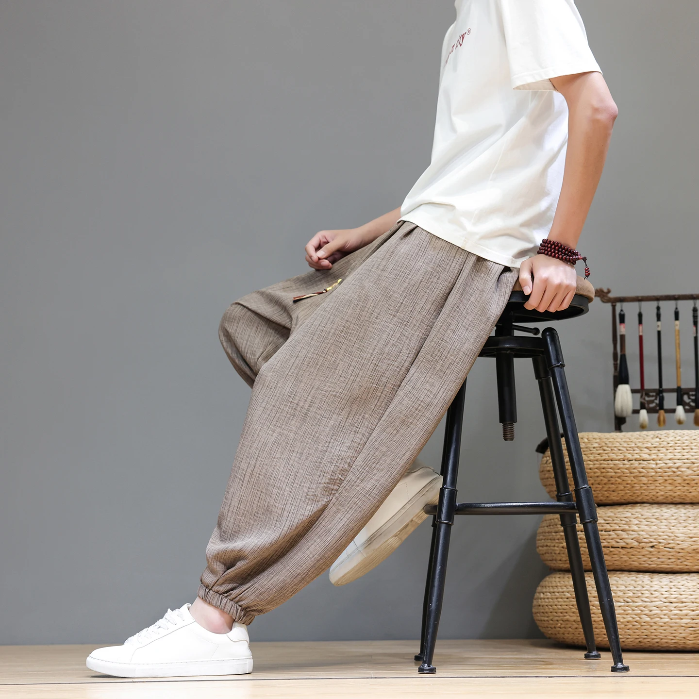 Calças Cargo Baggy Estilo Yamamoto para Homens, Calças Tradicionais de Perna Larga 6XL, Vintage, Verão, Seda de Gelo, Respirável, Calças Masculinas