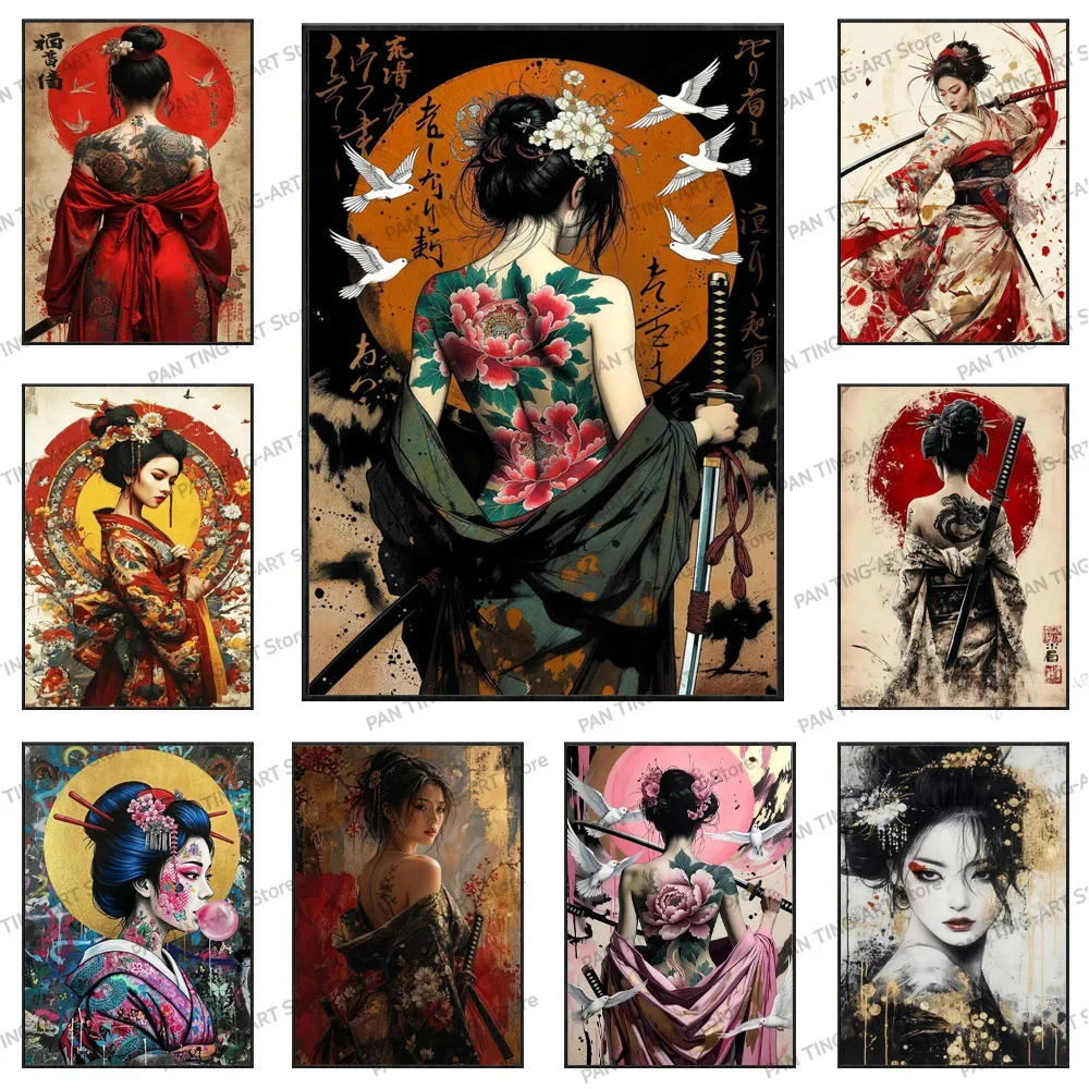Japanese Geisha Warrior Canvas Poster Samurai Kimono Tattoo Woman Art Prints Japan Wall Painting Decoration For Living Room