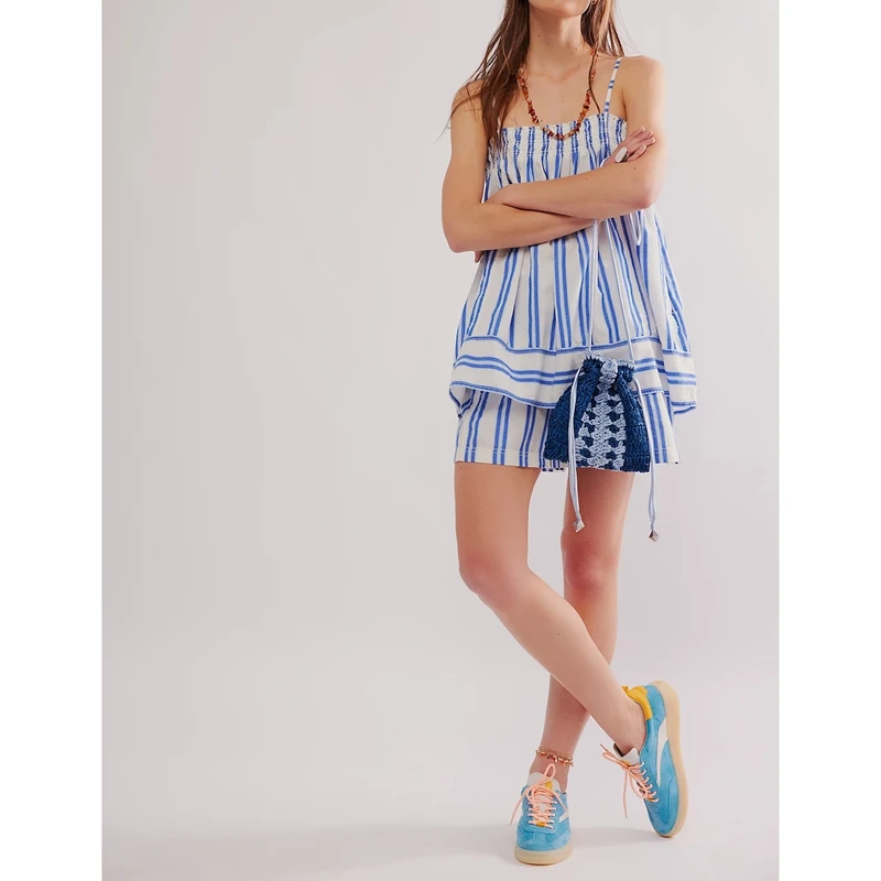 

Women's 2Pieces Loungewear Set Sleeveless Square Neck Striped Cami Peplum Top with Wide Leg Boxer Shorts Loose Ruffle Pj Outfits