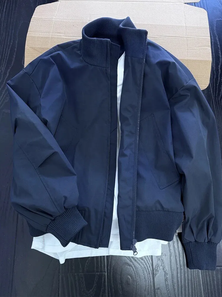 Cleanfit Royal Blue Men's Short Bomber Jacket Spring Fashionable American Style Zipper Closure Stand Collar Flight Jacket