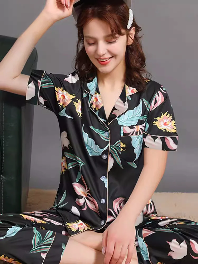 Two-piece Women's Short Sleeve Silk Satin Pajamas Set Sleepwear Button Down Loungewear Pjs Suit Print Pure Silk Pijama Homewear