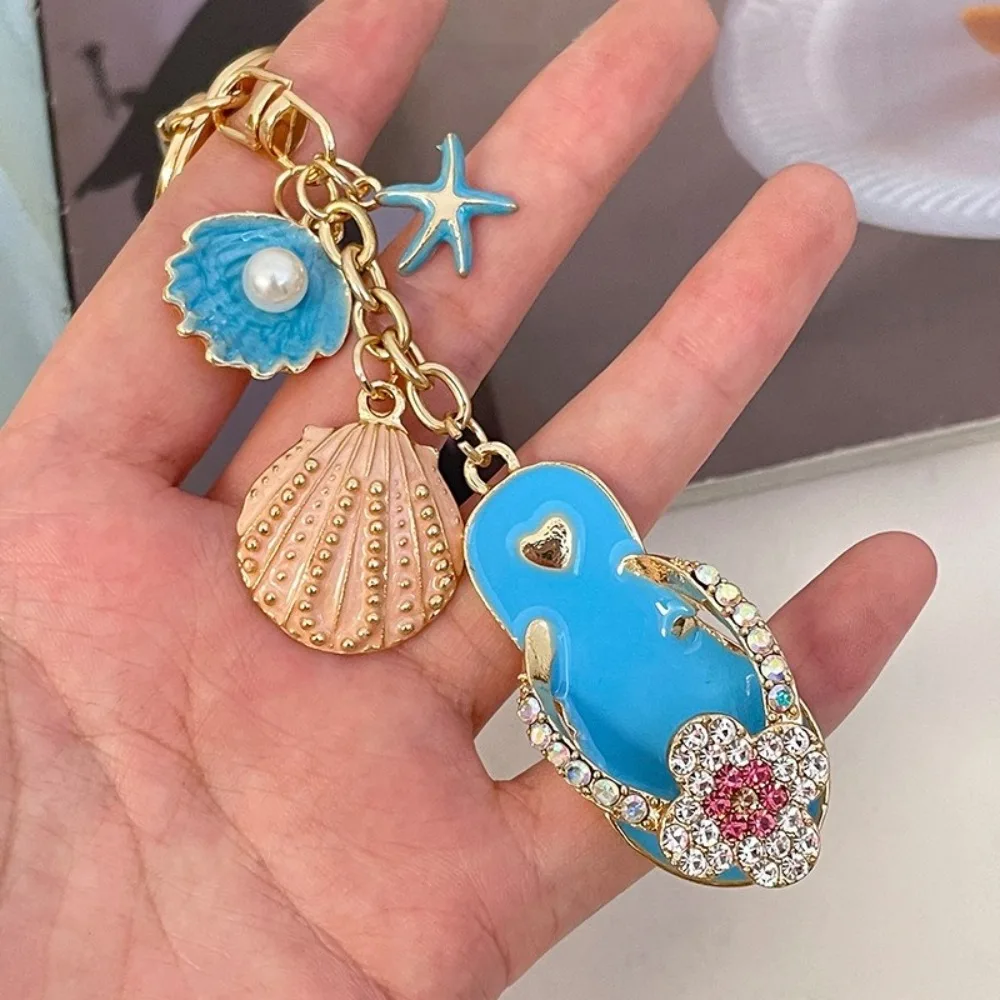 Cute Slipper Key Chain Flip Flops Backpack Decor Sea Beach Pendants Charms Four Leaf Clover Starfish Shell Keyring Couple