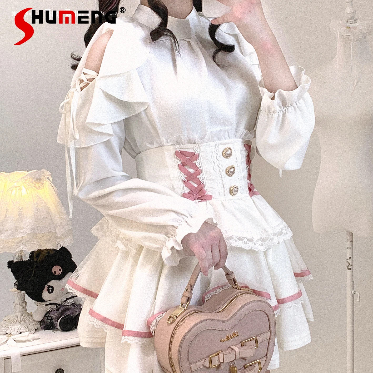 

Original Women's Slim Fit Elegant Shirt Spring Autumn New Girls Bandage Ruffle Edge Off-Shoulder Chiffon Long Sleeve Blouses Top