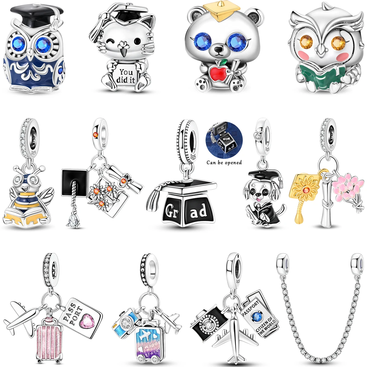 Original 925 Sterling Silver Owl Graduation Series Charm Bee Airplane Travel Bead Pendant Fit Bracelet Necklace DIY Jewelry Gift