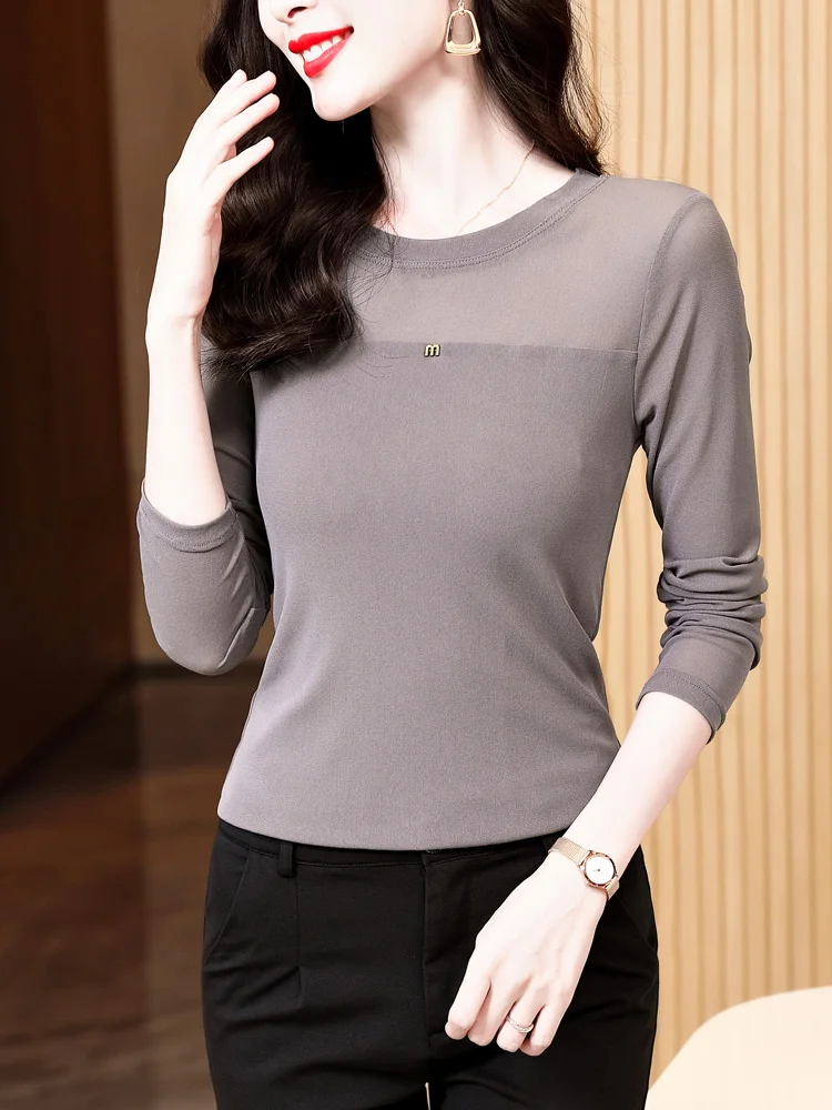 Mesh T Shirt Women O-neck T Shirt Long Sleeve Tight Korean Style Basic T-shirt Female Autumn Base Top