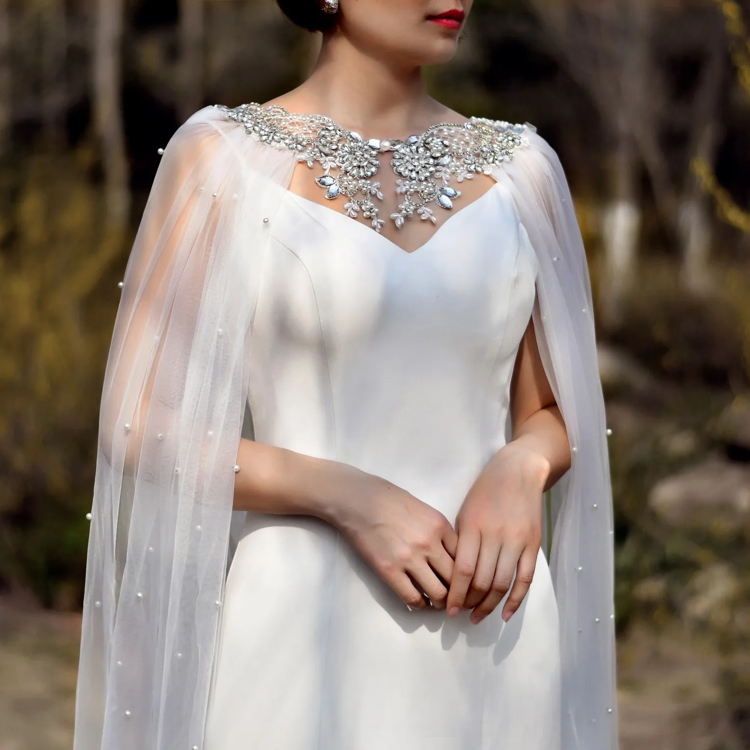 White/Ivory Heavy Beaded Bridal Cape 300cm Cathedral Tulle Shawl with Pearls Elegant Wedding Cover Up for Ceremony GP56