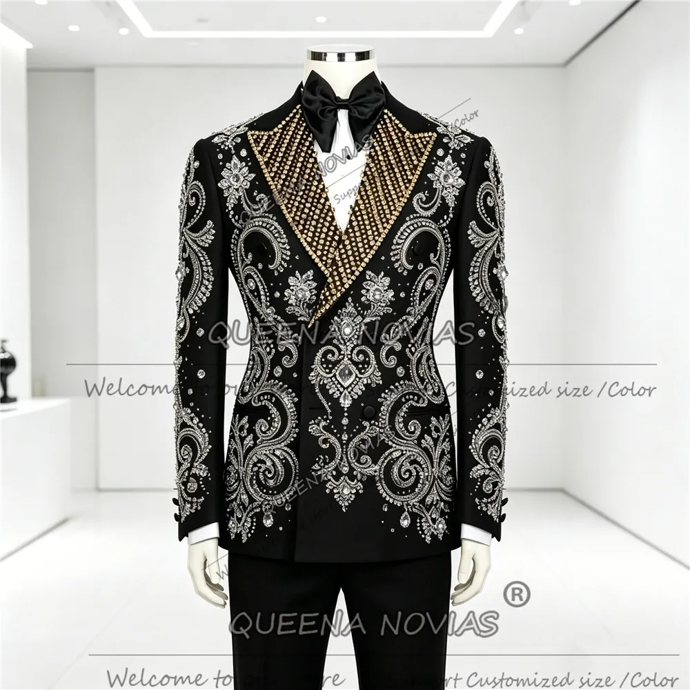 Exclusive Wedding Suits For Man Slim Fit Diamond Beaded Prom Blazer Customized 2 Piece Sets Men's Tuxedo Trajes Para Hombre