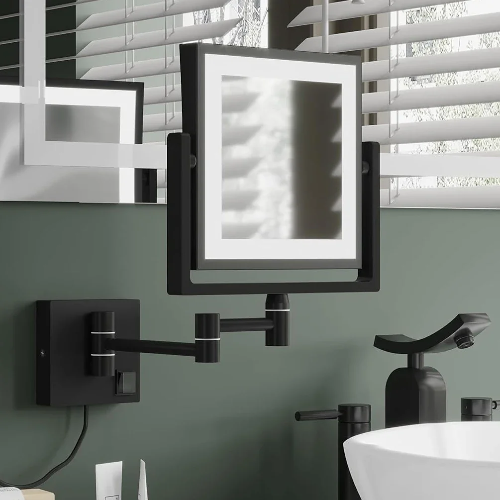 LED Folding Makeup Mirrors 3X Magnifying Copper Bathroom Mirror Wall Mounted Led Equipped Light Fold Bathroom Makeup Mirror