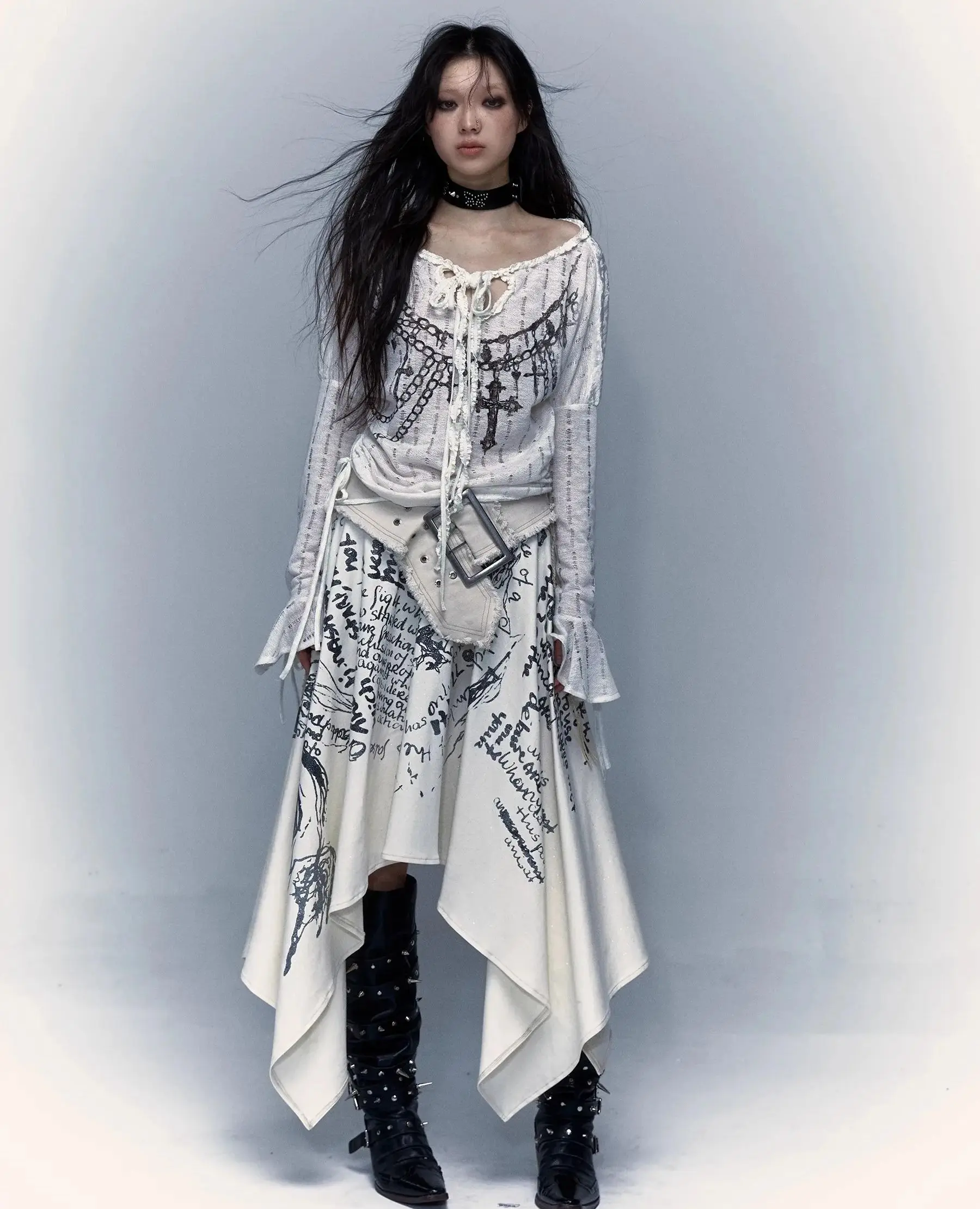 No Romance Original Goth Irregular Dress Two Ways Wearing Belt Vintage Printing Punk Streetwear Dark Tube Dress Autumn image 2