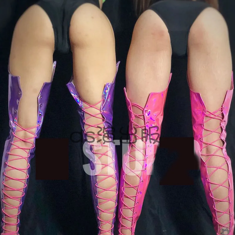 Nova boate sexy bonito laser brilhante bandagem botas capa ds dj feminino cantor bar trajes acessórios conjuntos de perna fluorescente