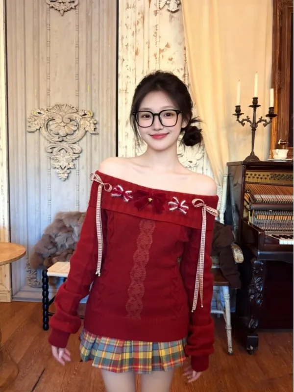 

Красный свитер Red Knot, женский, приталенный, вязаный топ, новинка 2026 года, весенний, новый стиль, милый, для повседневной носки, модный, средней мягкости