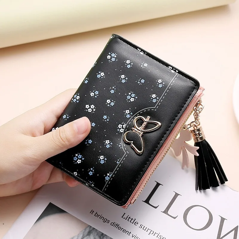 Womens Wallet Cute Student Tassel Pendant Short Wallet Trend Small Fashion Purse Coin Purse Ladies Card Bag