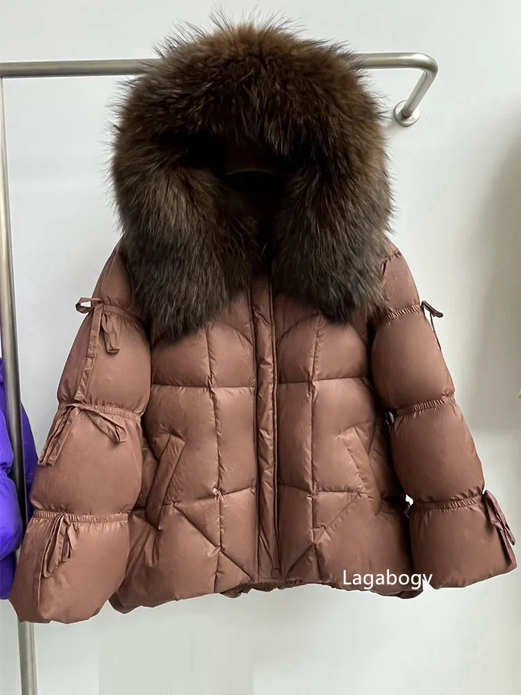 Lagabogy 2026 Big Natural Fox Fur Puffer Jacket New Winter Clothes Women Thick Warm White Duck Down Coat Female Real Fur Parker