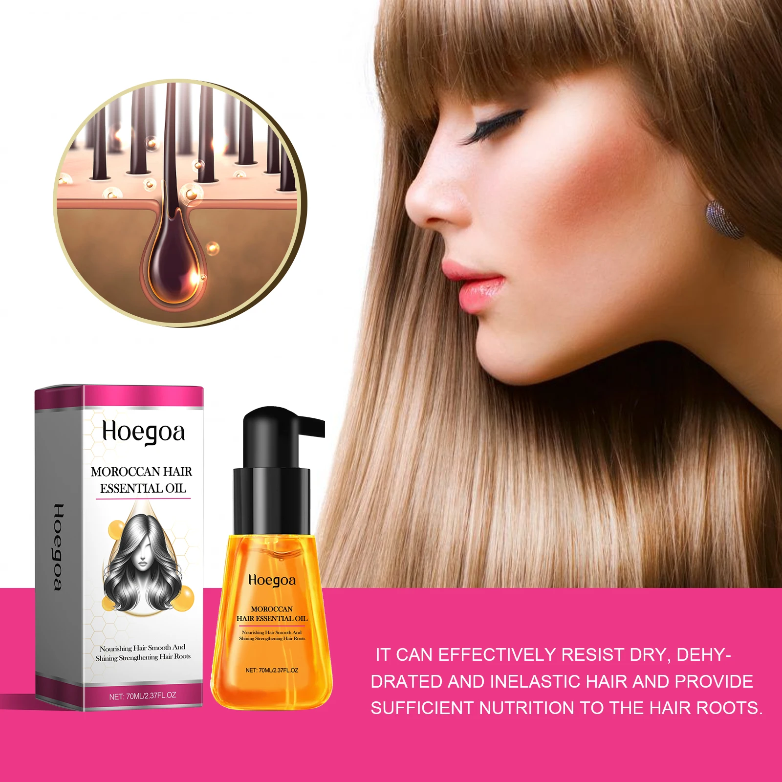 HOEGOA 70mL Moroccan Hair Essential Oil Smoothes Hair Provides Sufficient Nutrition Repairs Damaged Hair Ends Moroccan Oil