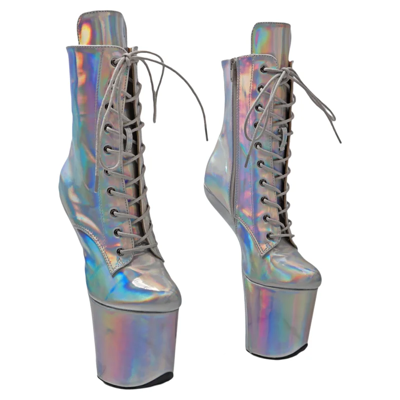 Leecabe Heelless Style Holographic Shiny PU Upper Platform Ankle Boots Exotic Stripper Pole Dance Shoes
