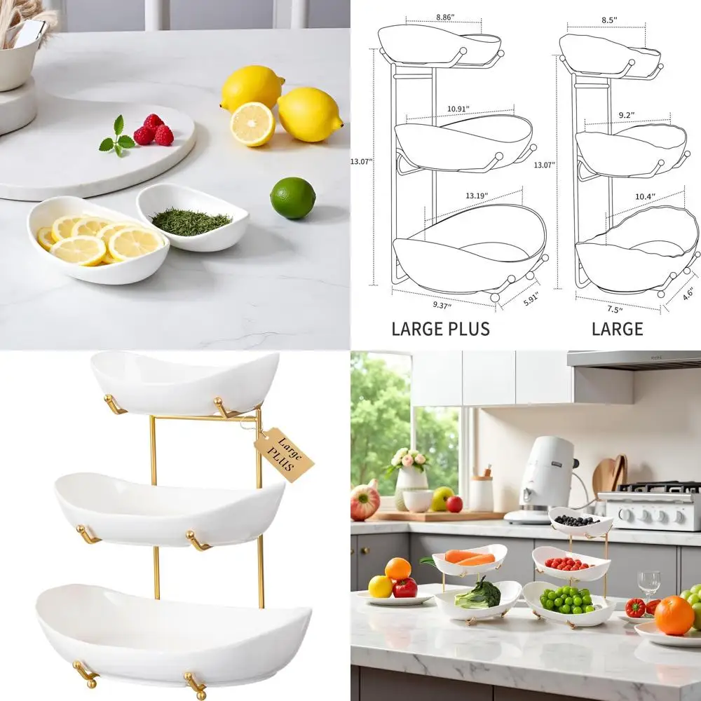 

3-Tier Ceramic Fruit Stand with Metal Base - Large Kitchen Counter Fruit Basket for Serving Platter and Party Decor