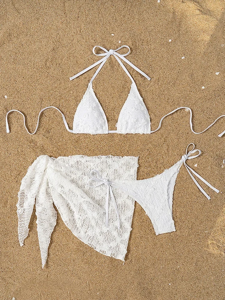 AOTVOTEE Sexy Solid Allacciato Bikini Gonna a rete Set da 3 pezzi Donna Costume da bagno diviso Bikini da spiaggia 2025 Nuovo costume da bagno estivo Bikini Set