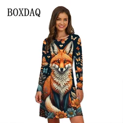 2025 New Autumn Winter Women Dress Funny Cute Cartoon Dog A-Line Dress Fashion 3D Print Casual Loose Long Sleeve Ladies Dresses
