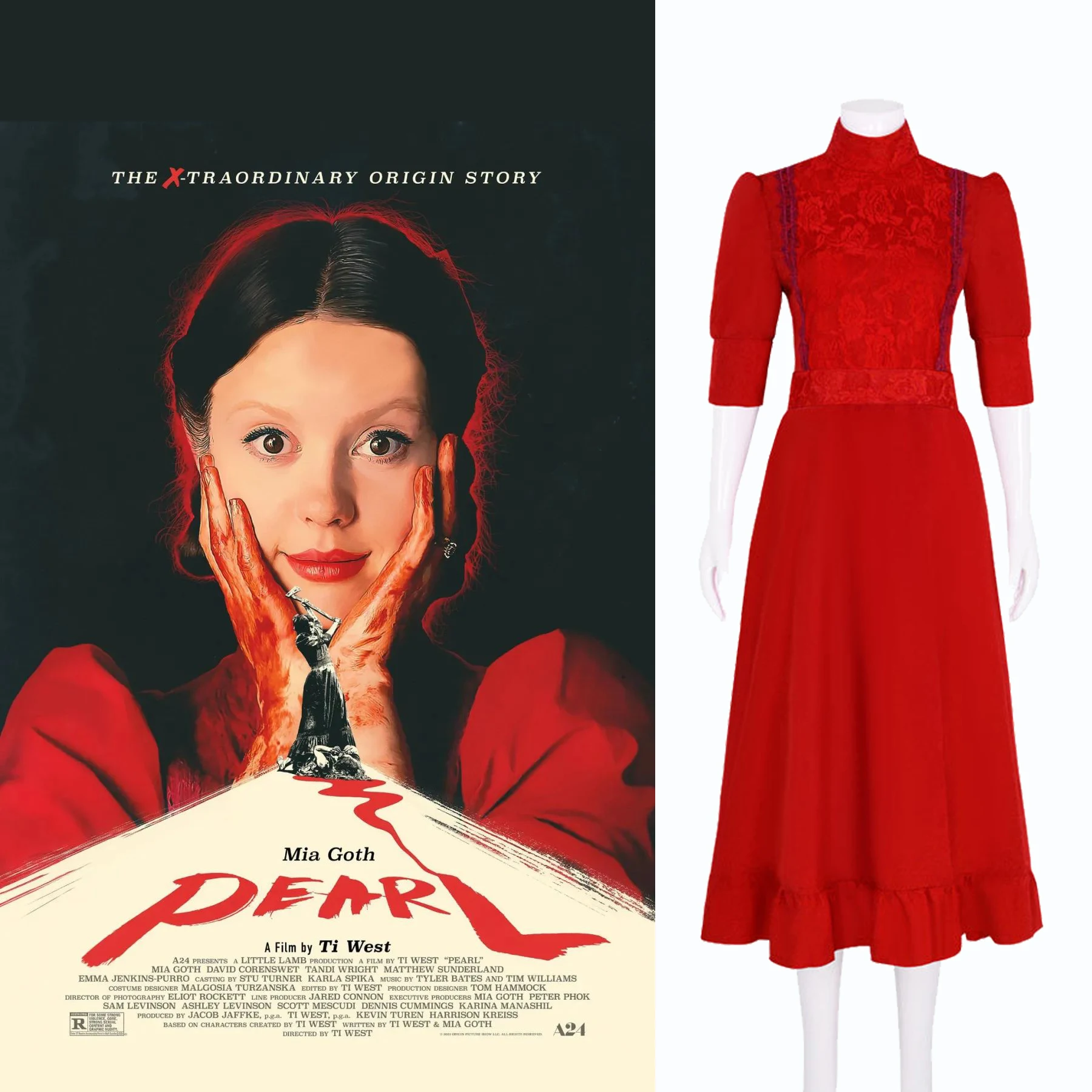 Robe de Cosplay Perle à Manches sulfpour Femme et Fille, Costume Mia Goth, Jupe Plissée, Taille Haute, Rouge, Film X, Tenue de ix