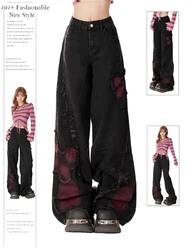 Women Black Gothic Butterfly Jeans Baggy Vintage Cowboy Pants Harajuku Oversize Denim Trousers 90s Y2k Emo 2000s Trashy Clothes
