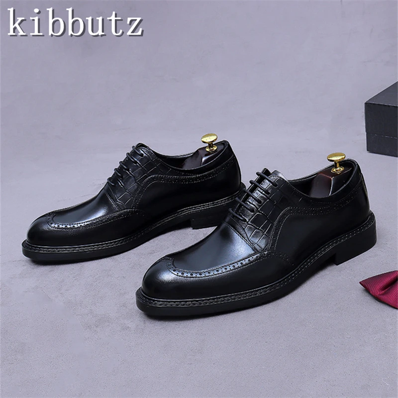 

Luxury Carved Men Genuine Leather Shoes Handmade Cowhide Lace Up Business Wedding Party Formal Dress Oxford Shoes
