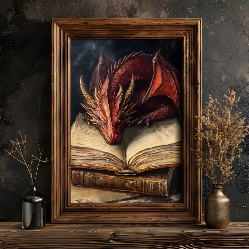 Large Dragon Reading Book Poster Gothic Animal Dragoncore Canvas Painting Fantasy Wall Art for Dark Academia Room Home Decor