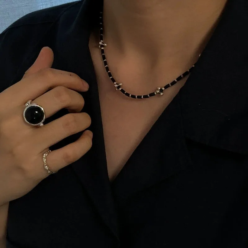 Foxanry الأسود كريستال خواتم الخطبة للنساء الأزواج خمر الشرير أنيقة الهندسة اليدوية حفل زفاف مجوهرات هدايا #6