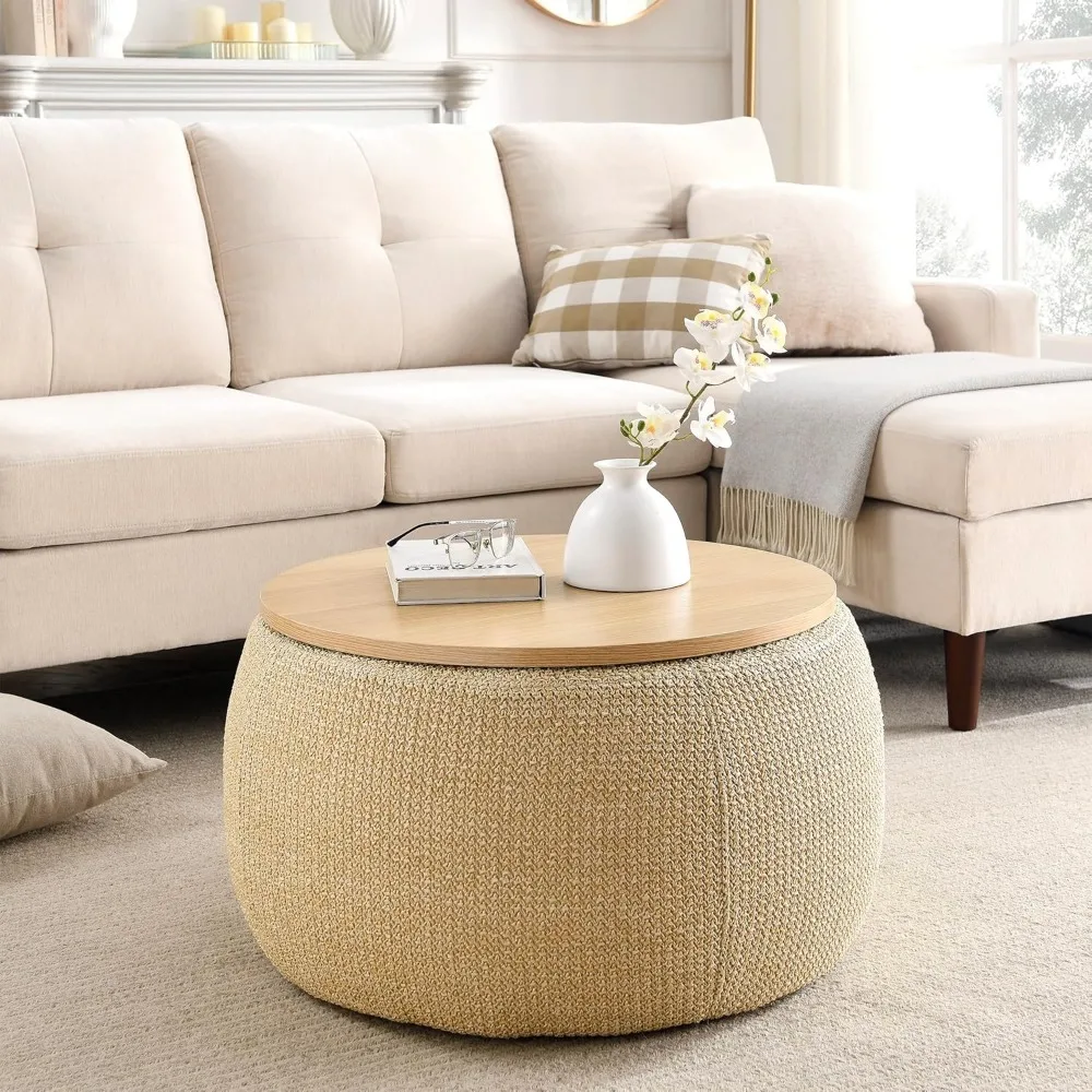 Modern Round Storage Ottoman With Wooden Lid,Circle Ottoman…