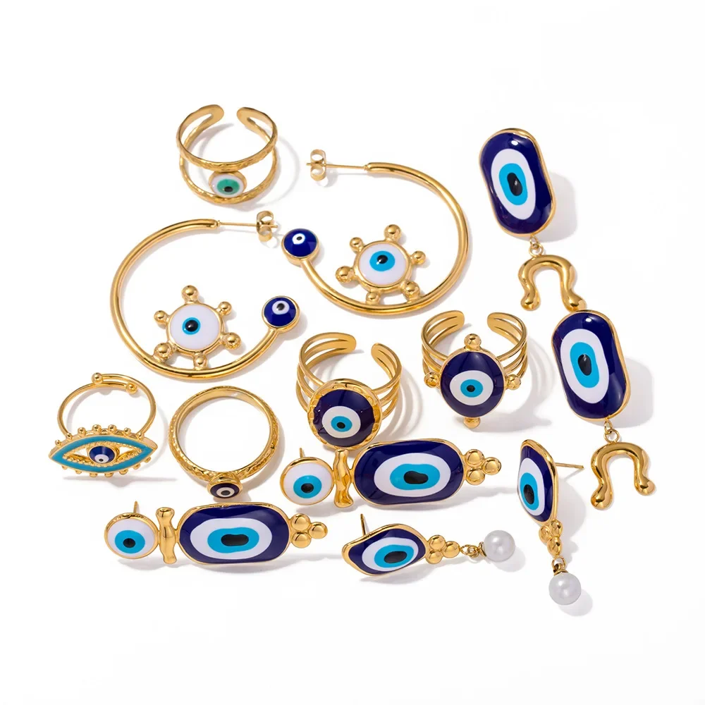 

PRISCA | Evil Eye Gold Ring Women Stainless Steel Blue Turkish Earring High Quality Jewelry Set 18k Waterproof