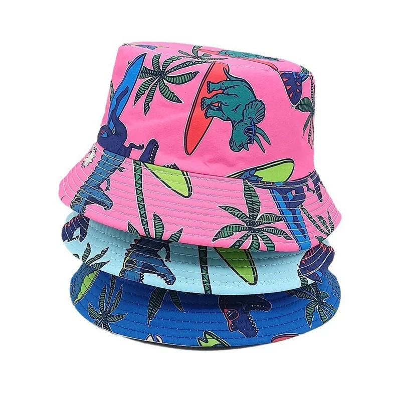Spring and Summer Polyester Cartoon Dinosaur Print Bucket Hat Outdoor Travel Sun Cap For Child Boy and Girl 106