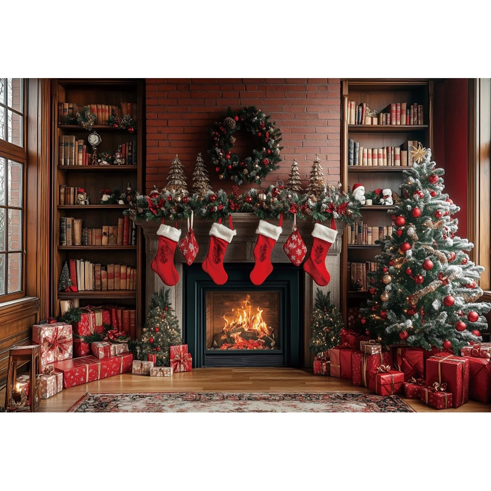 جدار أحمر عيد الميلاد التصوير خلفية الموقد جارلاند شجرة عيد الميلاد ديكور حفلات الأسرة صورة الاطفال صورة صور الخلفيات