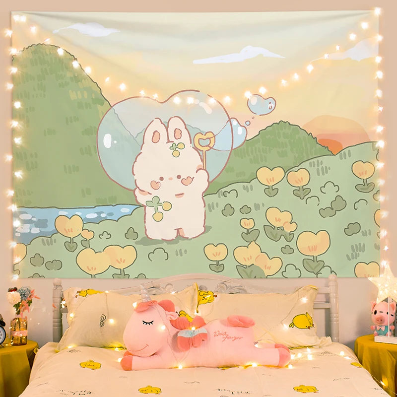 Small Fresh Home Tapestry Cartoon Cute Little Rabbit Bedside Hanging Cloth Background Cloth Dormitory Bedroom Decoration Cloth