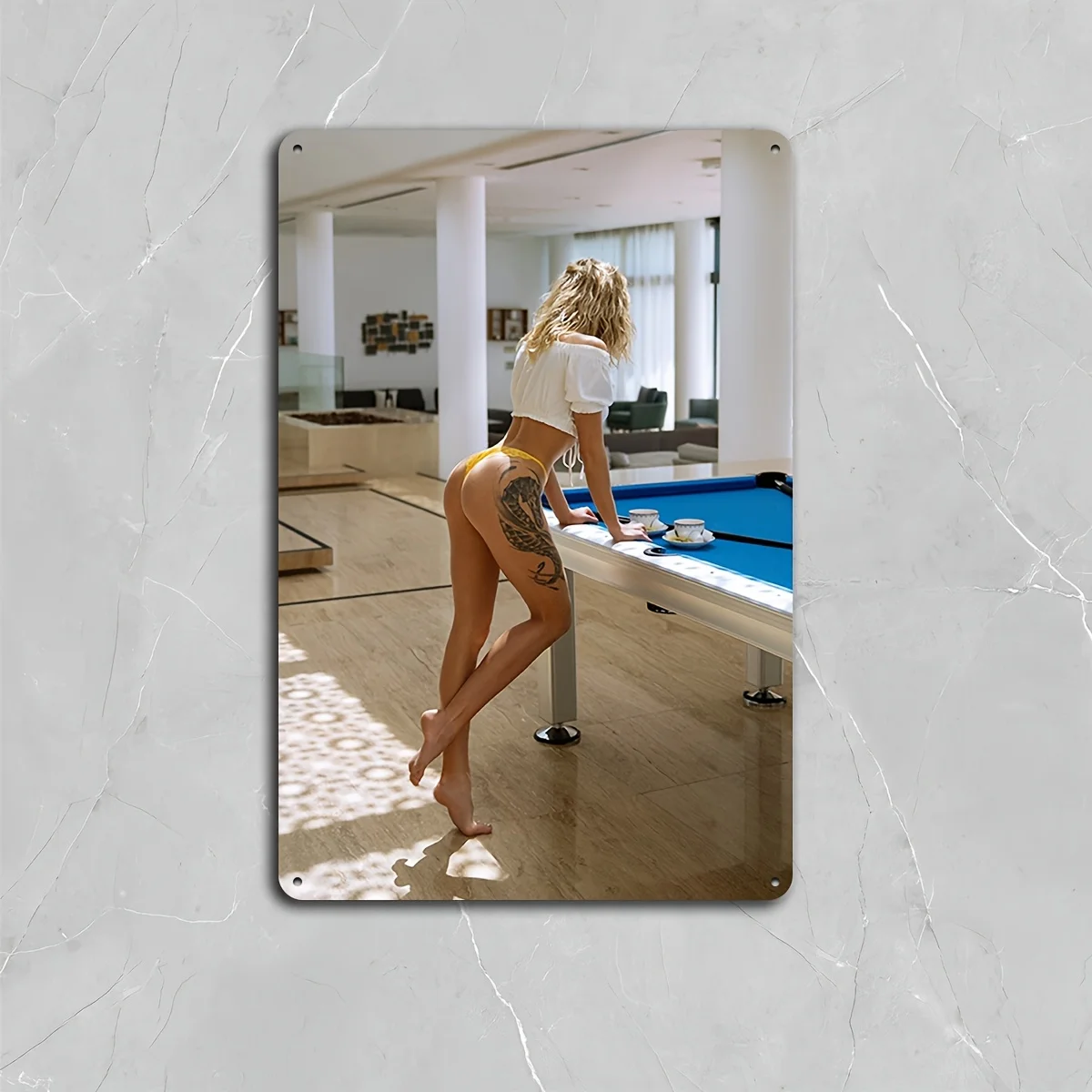 Vintage Retro Pin-Up Metal Wall Sign - Sexy Billiards Scene with Tattooed Woman in Bikini Top -  Decor for Man Cave, Bar, Hom