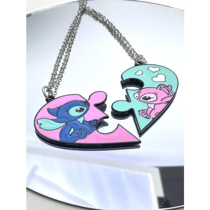 Disney Stitch & Angel Pendant Necklaces for Women Men Sweet Puzzle Heart Necklaces Keychain Accessories Gifts for Birthday Party