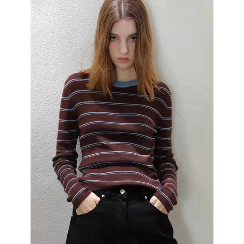 Gebreide Trui Vrouwen Truien Nieuwe Lange Mouw O-hals Gestreepte Gebreide Trui Trui Vrouwen Tops Truien Sueters De Mujer Q1606