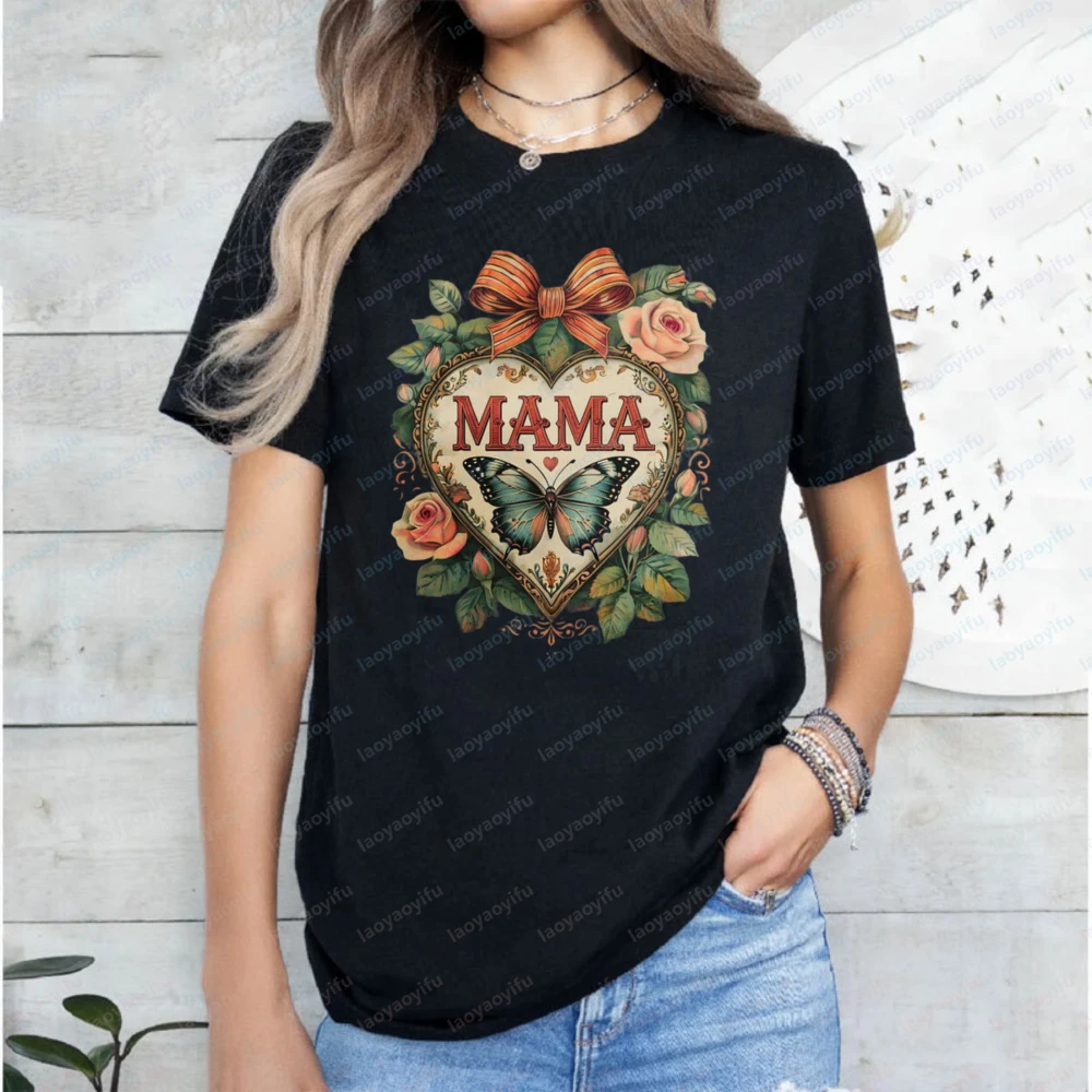 Custom Vintage Heart and Rose Mama TShirt Mothers Day Shirt Gift New Mom Mama Birthday Gift Adoptive Mom Shirt Cute Retro Tops