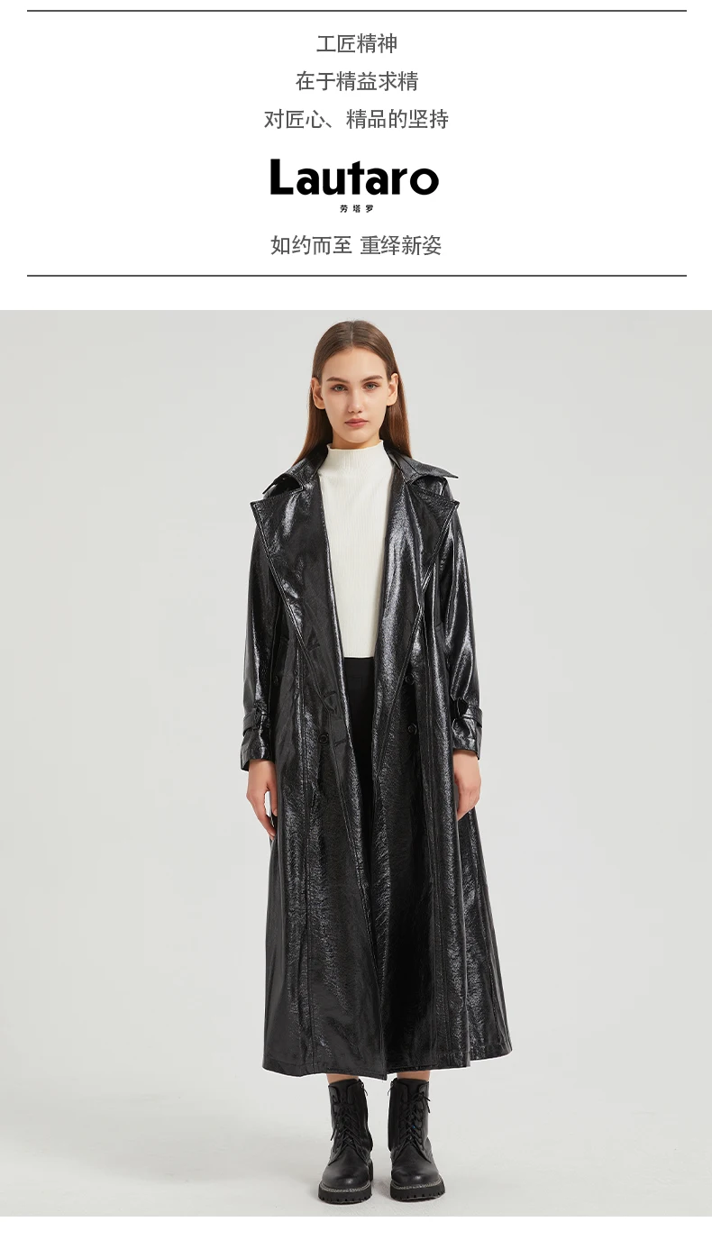 Lautaro Spring Autumn Extra Long Gold Shiny Pu Leather Trench Coat for Women Sashes Double Breasted Luxury Europe Fashion 2024