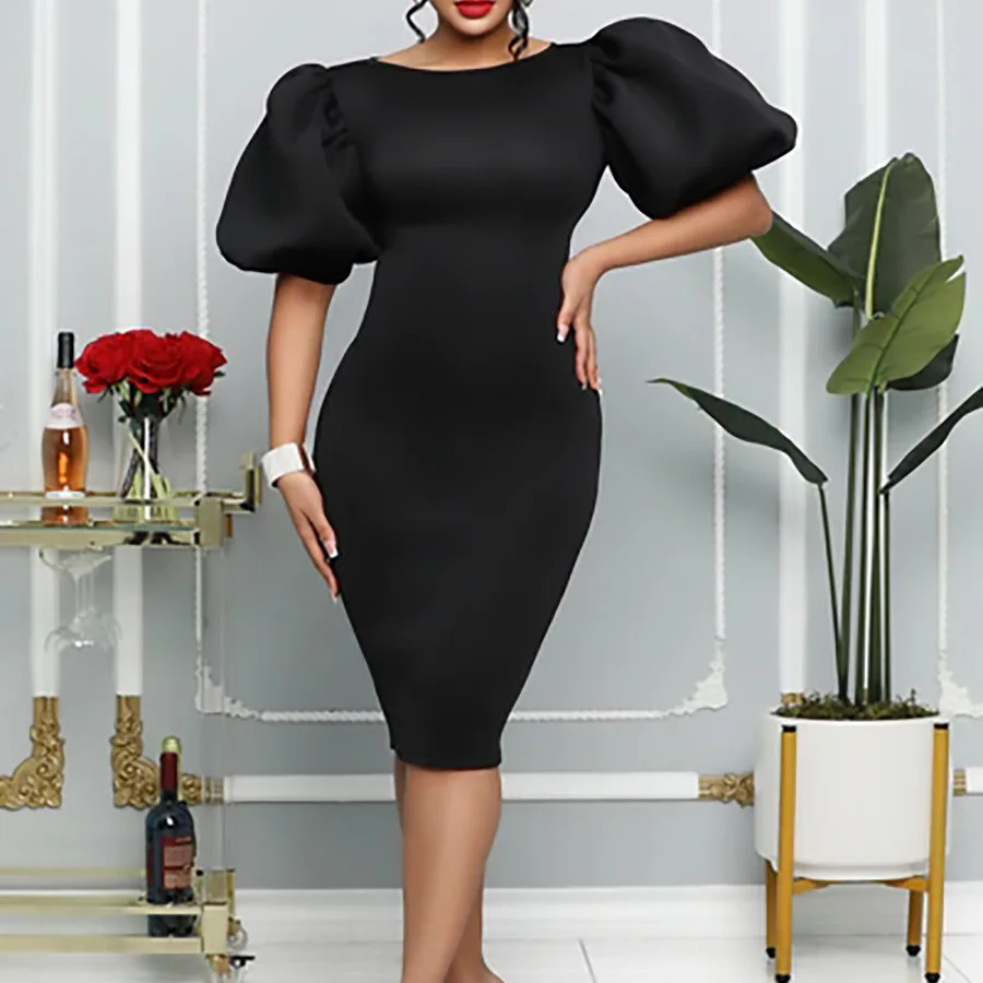 Summer Slim Designs Fashion Female Mini Evening Puff Sleeve Plus Size Ladies O-neck Casual Elegant Party Dress