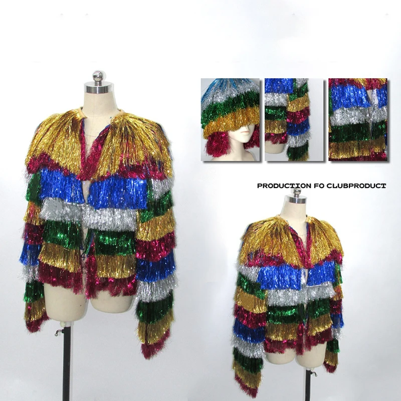 

Красочное пальто с бахромой, парики, женский костюм для джазового танца, бар, ночной клуб DS DJ, одежда для танцев на пилоне, наряд для рейва, сценическая одежда XS9990