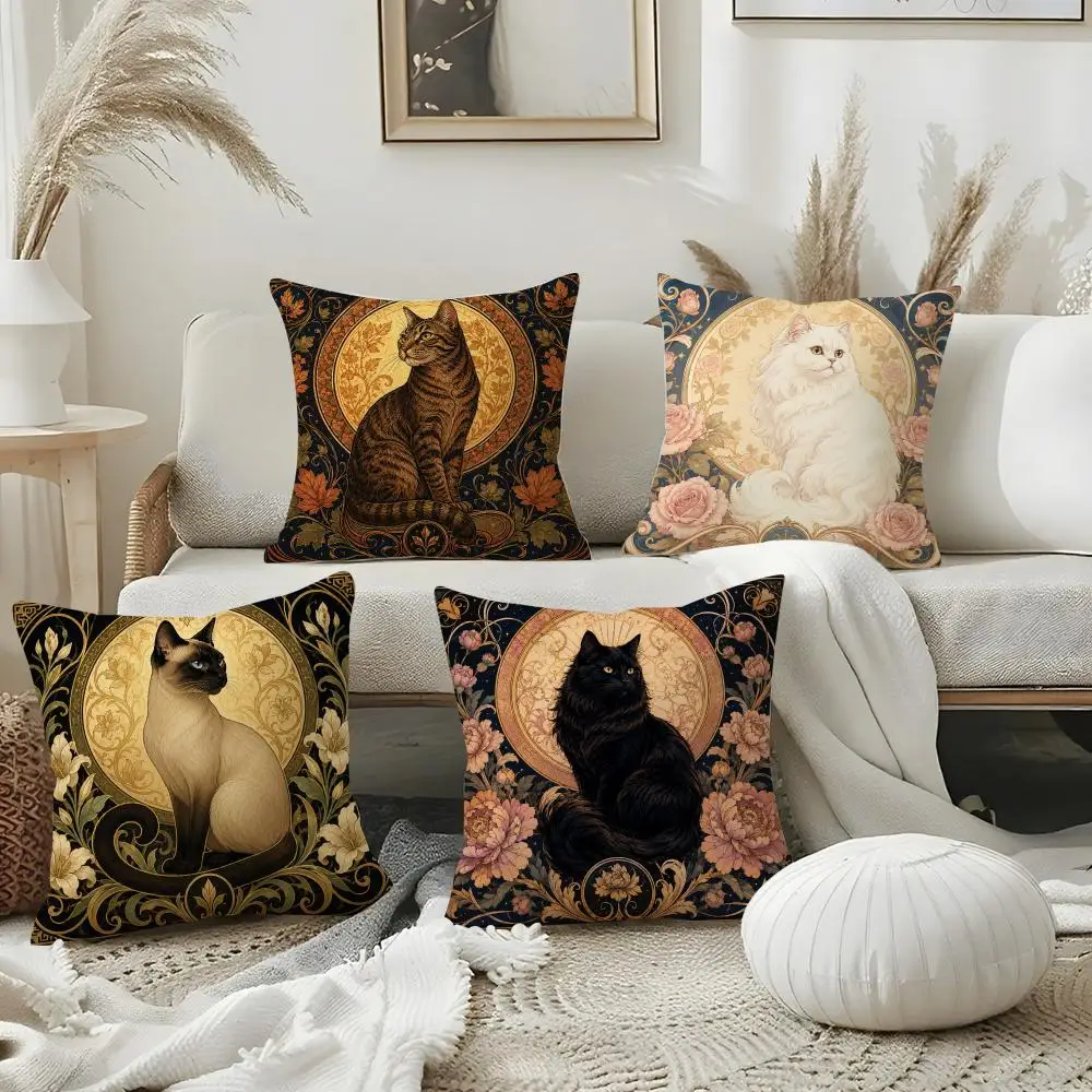 Gilded Nouveau Cats Cushion Cover Plush Fabric Soft Double Sided Print Home Sofa High Quality Cushion