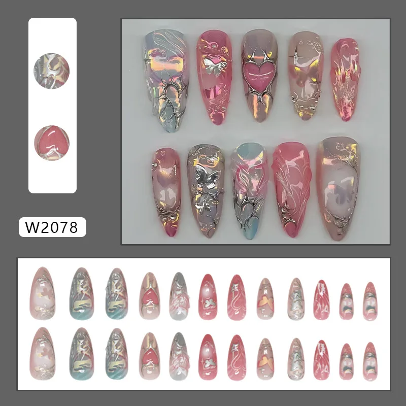 24 piezas uñas postizas metálicas dulces y atrevidas, corazón degradado con baño de plata 3D, almendra de cobertura completa para mujer y niña 2