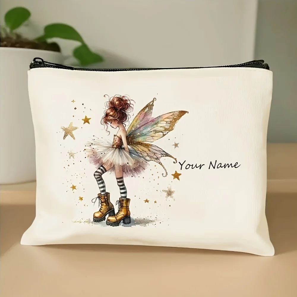 Bolsa de Maquillaje Personalizada Vintage con Diseño de Hada Dorada - Nombre Personalizado, Diseño de Chica Elfa de Fantasía, Tela Resistente, Regalo Ideal para Mujeres