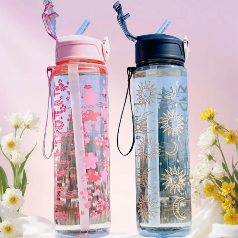 750ML New Creative Trendy Printed Space Cup with a Portable Strap, Pop-Up Lid, Plastic Design