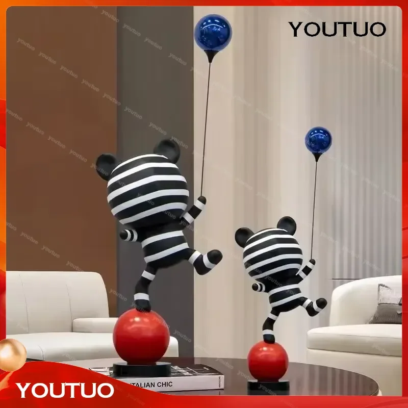 Contemporary Striped Balloon Bear Statue Cute Cartoon Figurine Resin Craft Home Decor for Living Room Original Gift
