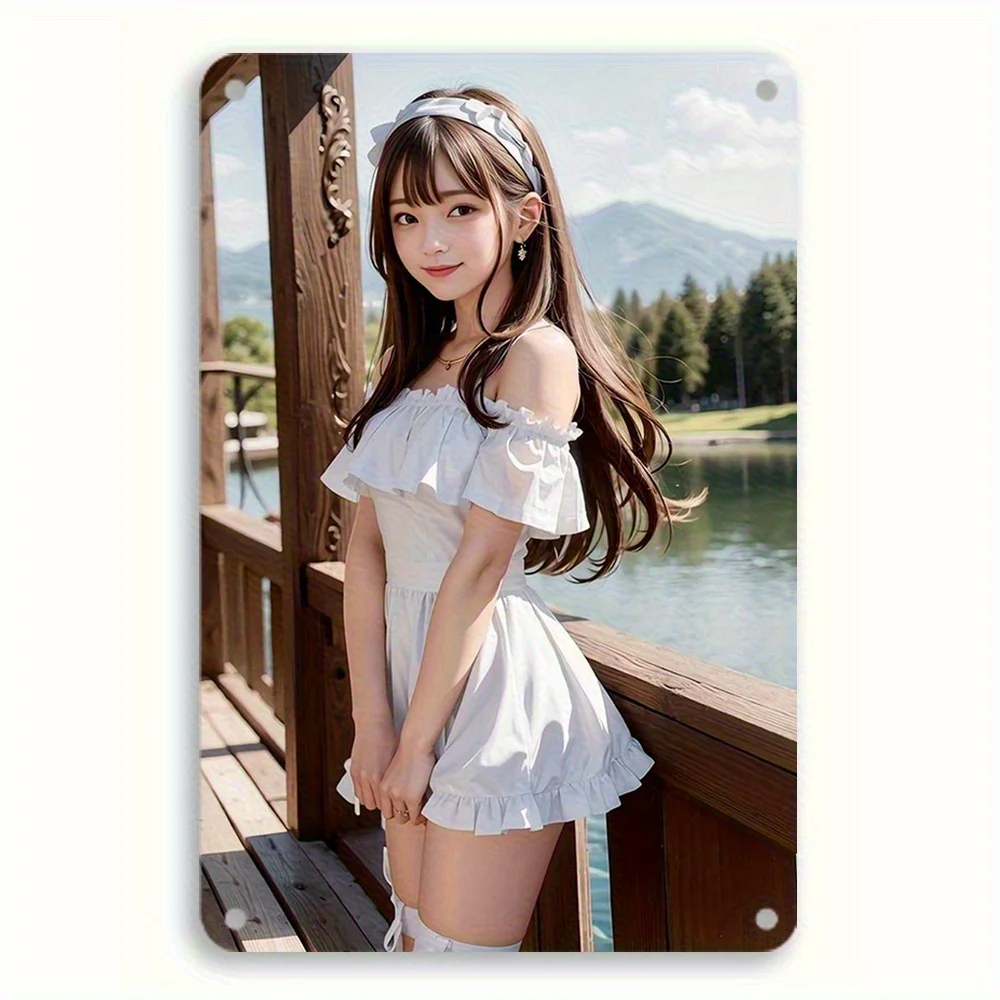Elegant Woman Vintage Metal Tin Sign () - Chic Wall Art with Scenic Lake & Mountain View, Perfect for Home, Cafe, Bar, or Bathr