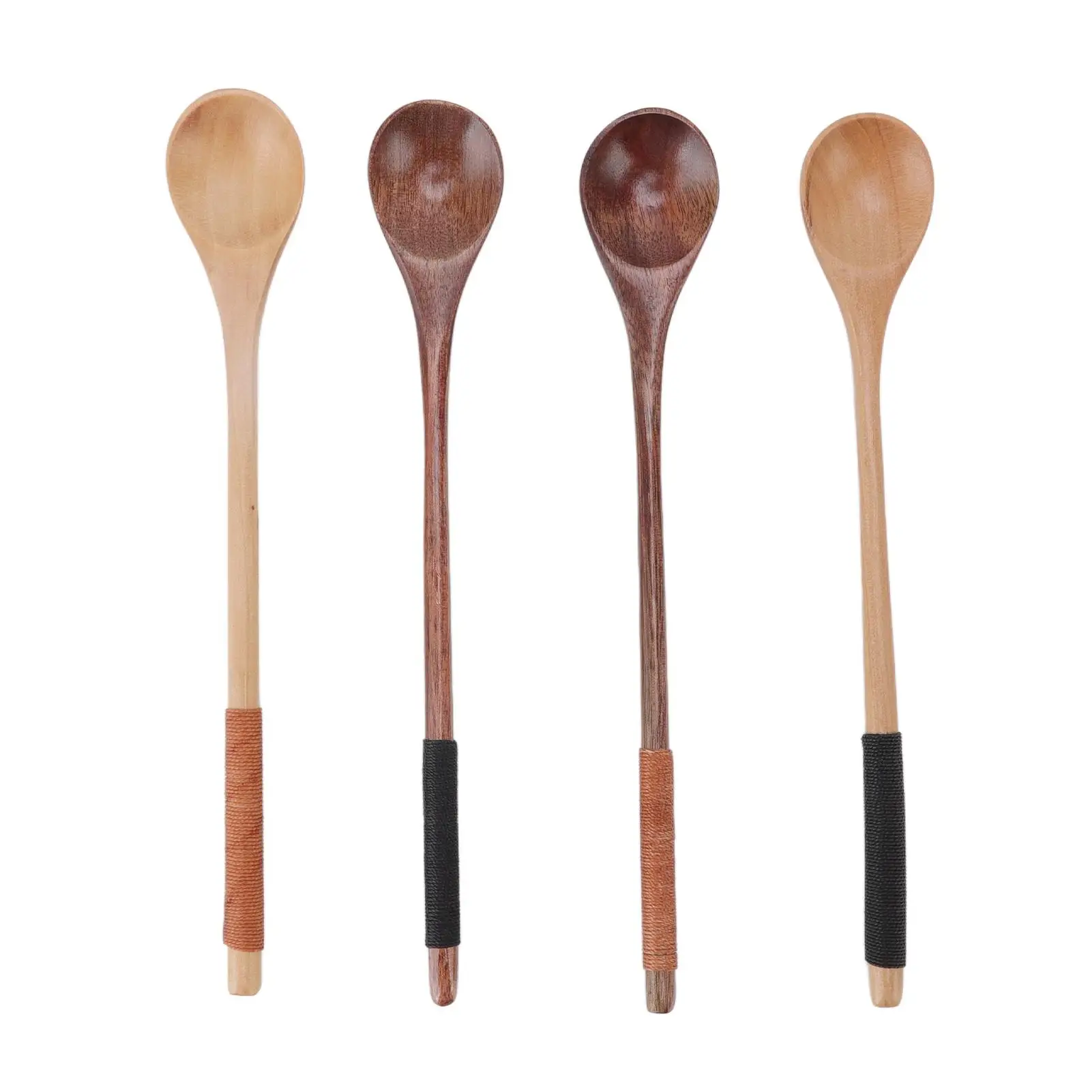 Eco-Friendly Long Handle Wooden Spoon Set Lightweight Comfortable  Rustproof Kitchen Stirring Utensils
